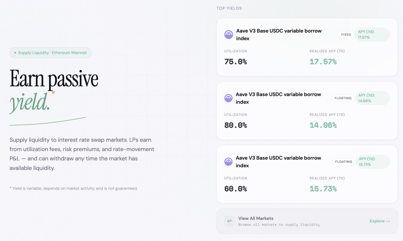 Kairos liquidity supply view listing swap markets with their utilization and realized APY